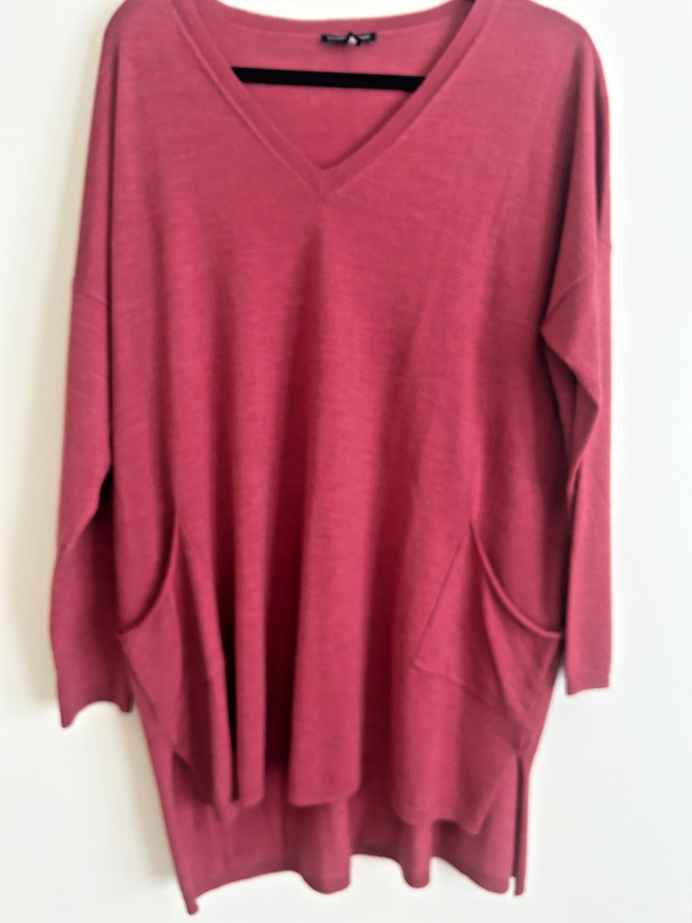 Eileen Fisher 100% Merino Wool Tunic Sweater L Boxy Lagenlook Pocket Minimal